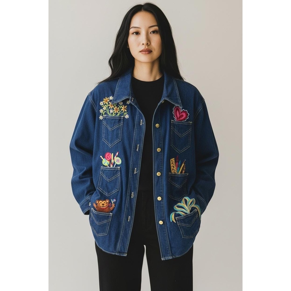 Bob Mackie Wearable Art Embroidered Denim Shirt Plus‎ 1X Teacher School Novelty